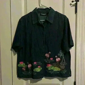 New Direction Vintage Style Denim Button down top with Flamingo Embroidery M 🦩